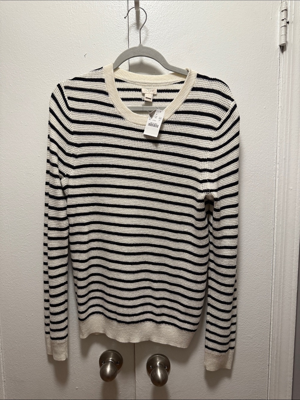 J. Crew Black and White Striped Crewneck Sweater